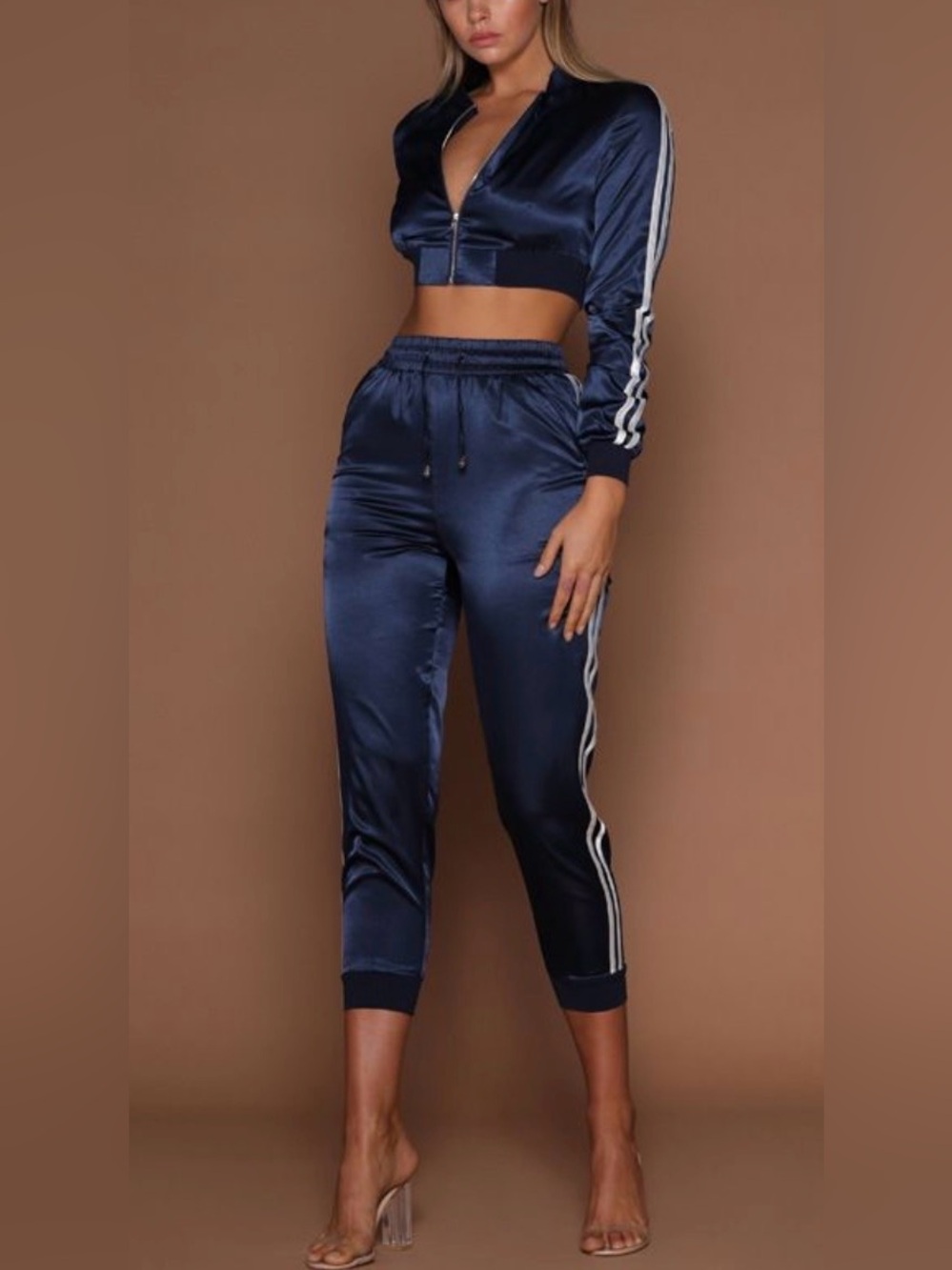 Women's Navy Satin Track Pants with Side Stripes